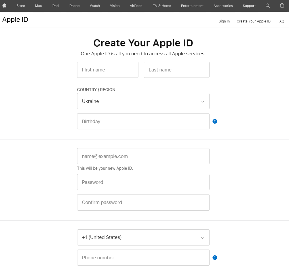 Создание учетной записи Apple ID