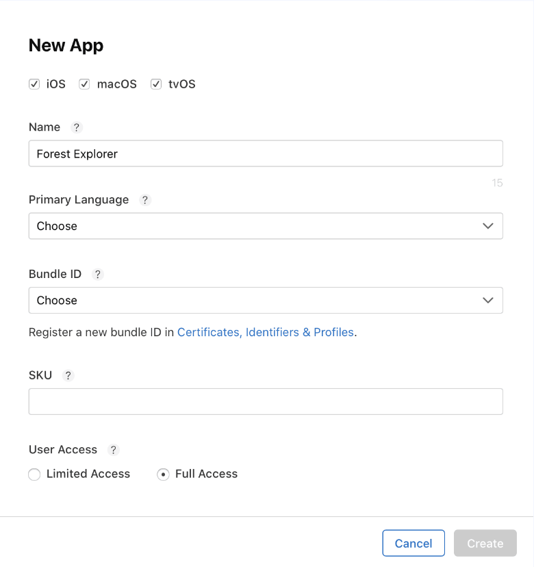Создание страницы приложения в App Store Connect
